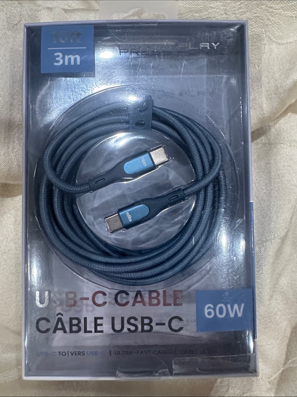 NWT USB-C 3m 60W Braided Charging Cable - Blue/Gray - ultra fast cable